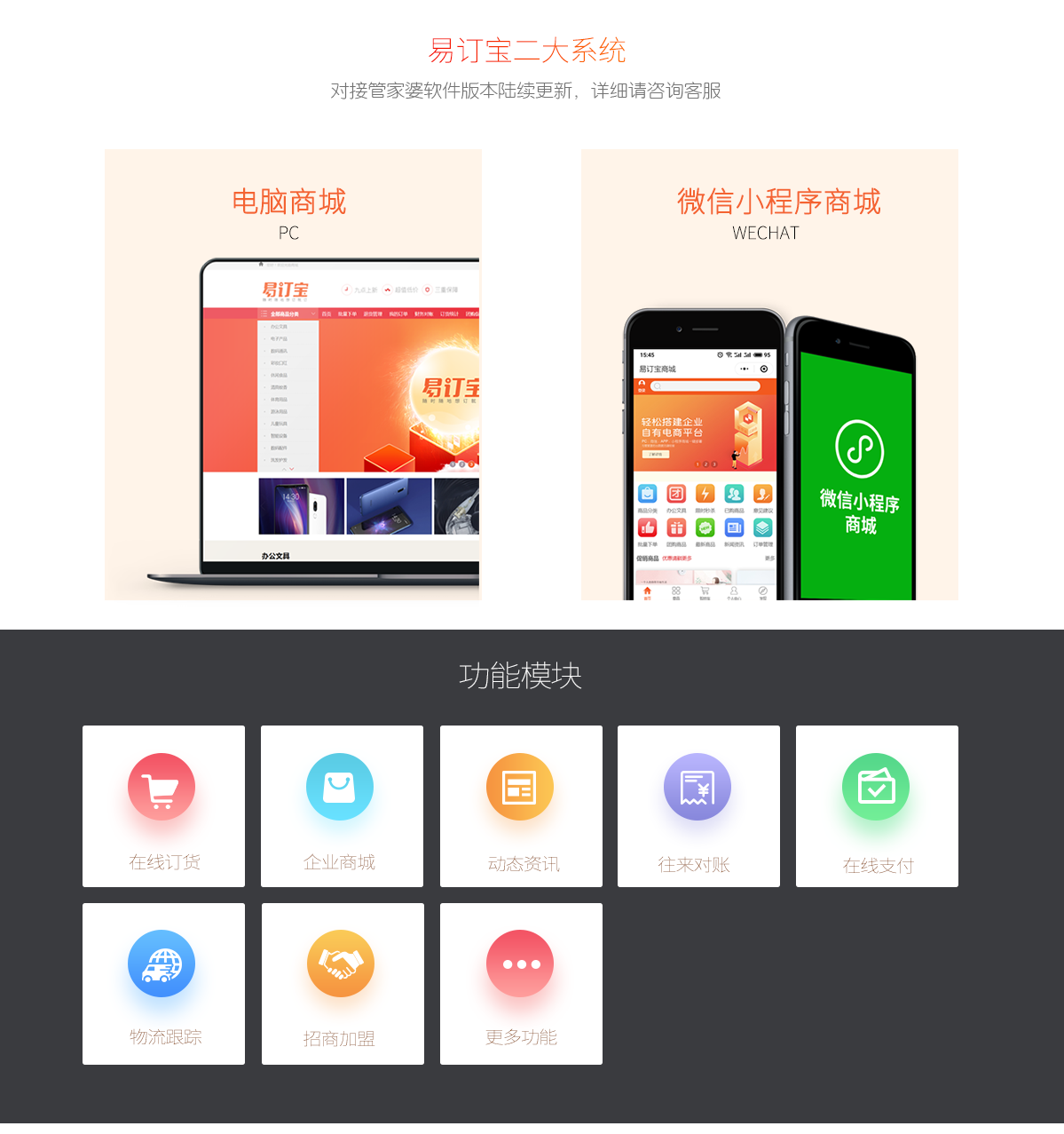 易订宝包含哪2大系统，PC订货平台，微信小程序订货平台，易订宝功能模块